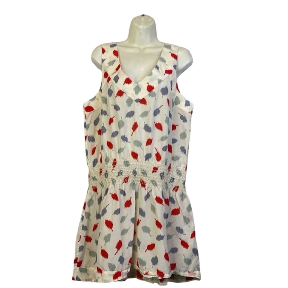 E by Eloise Anthropologie Casual Dress Abstract Leaf Print V-Neck Size L Ivory